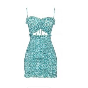 Mistress Rocks Teal Floral Mesh Ruched Cutout Mini Dress XS New With Tags